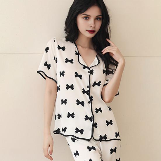 2 шт./компл. Сатиновые пижамы с принтом бантиков, V-образным вырезом на пуговицах, больших размеров, рубашка с длинным рукавом, брюки с эластичной талией и широкими штанинами