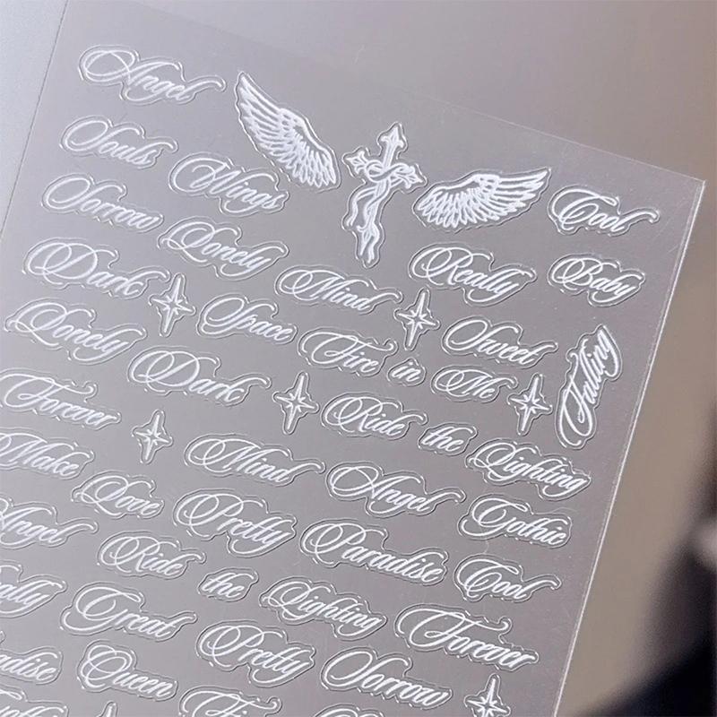Black White Nail Stickers with Letters 3D Angel Wings Alphabet Mixed Styles Nail Decals for Professional Manicure Sets