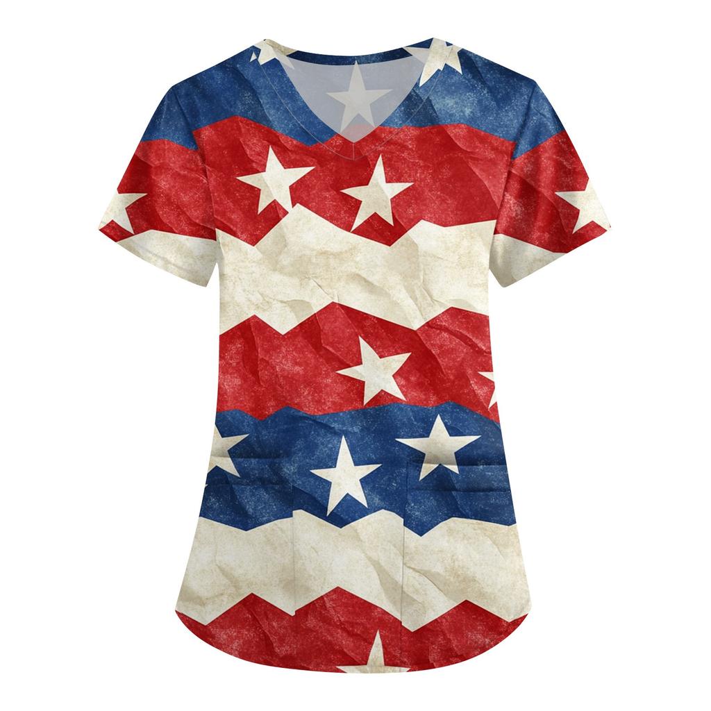 Women's Fashion V-neck Short-sleeved Work Dress With Pockets Independence Day Printed Top Carer Suit