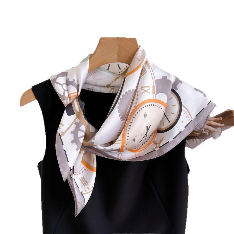 Clock Print Square Scarf Women‘s Print Scarf Luxury Imitation Silk Neckerchief Bandanas Foulard Hairbands Wraps For Travel Beach