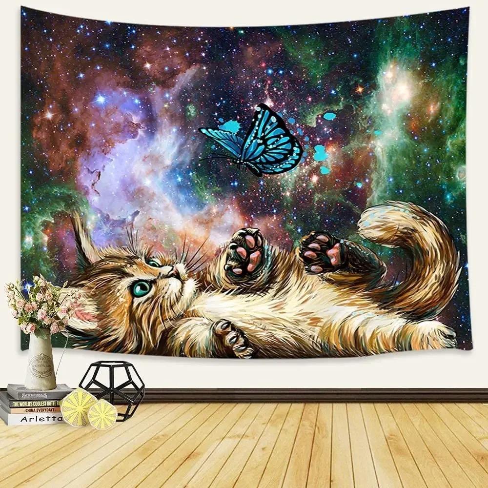 Cute Cat Tapestry Hippie Starry Night Tapestry Fantasy Kitten Playing With Butterfly Nebula Galaxy Artwork Galaxy Space