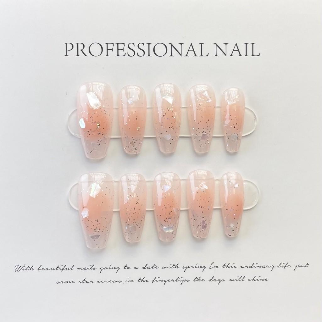 HANDMADE Medium-length Coffin Shaped Trapezoid Artificial Nail Pink Cute Sweet Princess Love Blush Crystal Diamond Phototherapy Nails Reusable