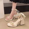 2025 Summer New Thick Heel Flower One-word Pearl High Heels Rubber Sole Non-slip with Skirt Super Fairy