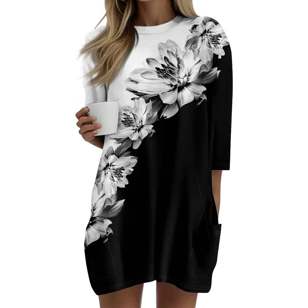 Женские повседневные рубашки с рукавами 3/4, модные туники с принтом, топы с карманами