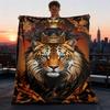 1pc Royal Tiger Crown Print Outdoor Blanket, Lightweight Polyester,
