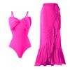 New Sexy One-piece Swimsuit Women Solid Color Bow Mesh Skirt Swimsuit Set