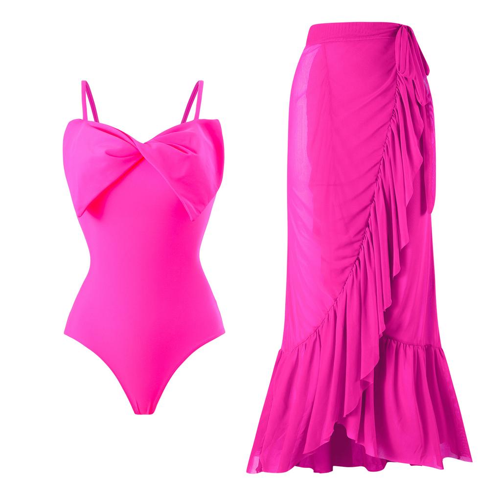 New Sexy One-piece Swimsuit Women Solid Color Bow Mesh Skirt Swimsuit Set
