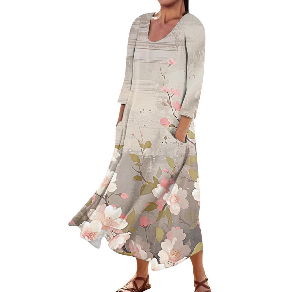 Платье для женщин, весеннее повседневное модное платье в стиле бохо с рукавами 3/4 для праздника, большого размера