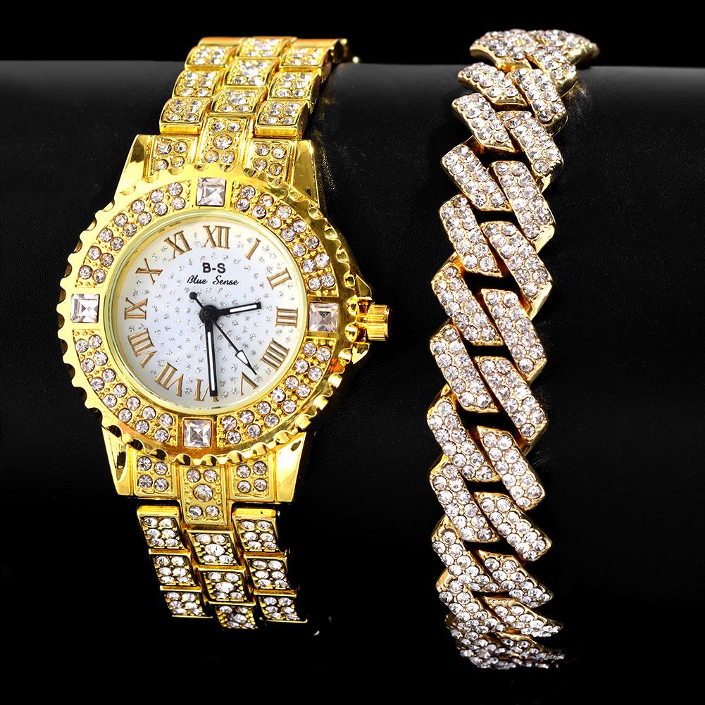 Мужской браслет-цепочка в стиле хип-хоп с кубинскими звеньями и наручными часами, блестящая цепочка со льдом, полный горный хрусталь, хрустальные браслеты, ювелирные изделия