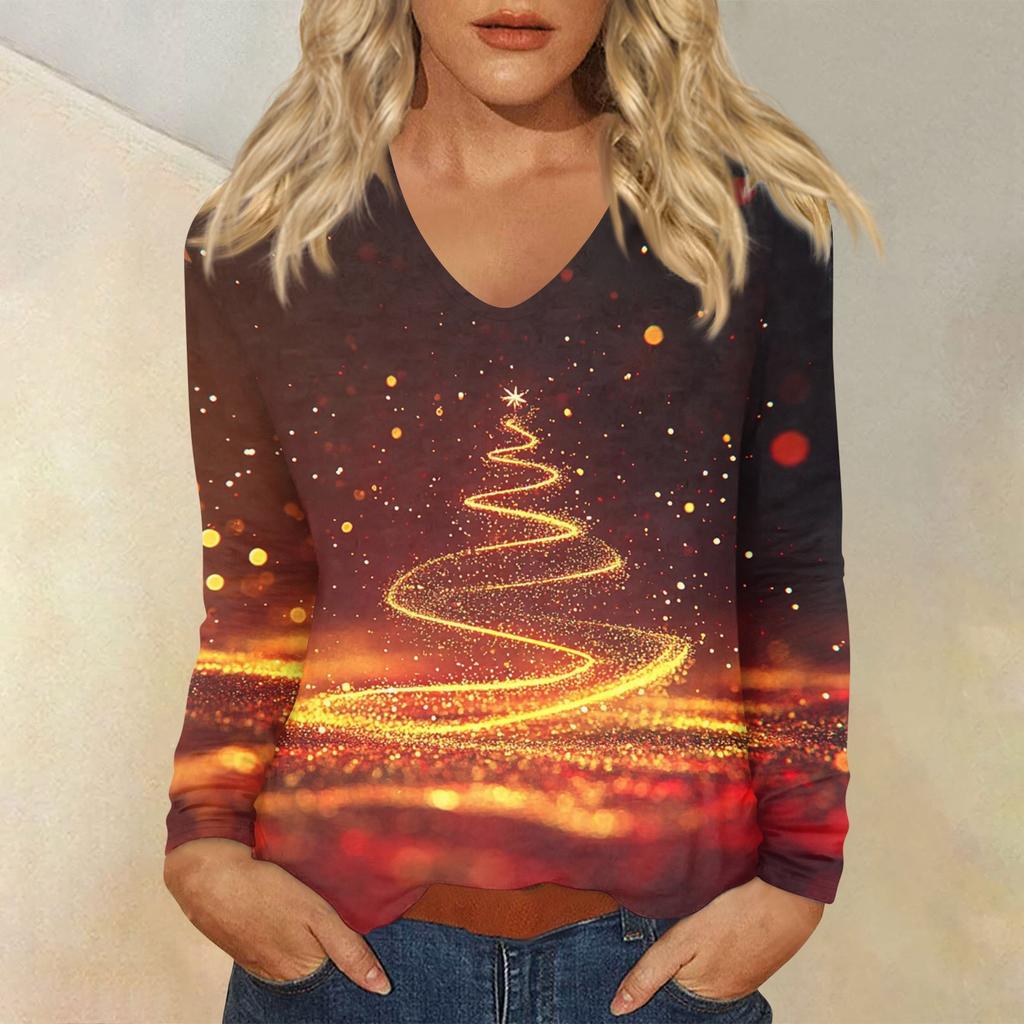 Women's Daily Casual Long Sleeve Christmas Print V-neck Top