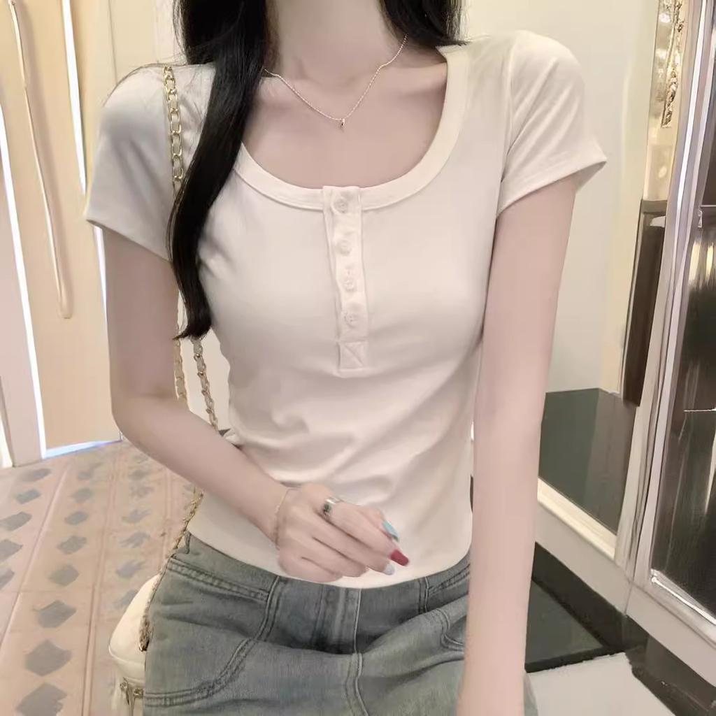 Женская футболка с U-образным вырезом, прямым плечом и коротким рукавом, летний новый стиль для женщин с открытой ключицей, облегающая короткая футболка, маленький шикарный топ