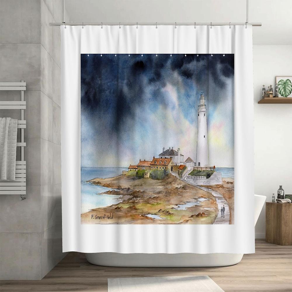 Coastal Lighthouse Shower Curtain Vintage Ocean View Nautical Bathroom Decor Beach House Themed Waterproof Fabric
