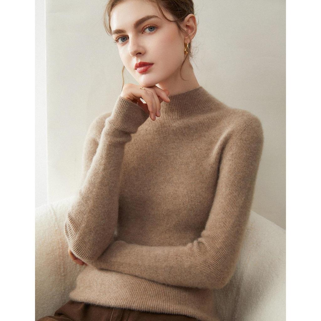 Kangsai Ni Women's Cashmere Slim-Fit Half-High Neck Sweater - 100% Pure Cashmere Knit Base Layer
