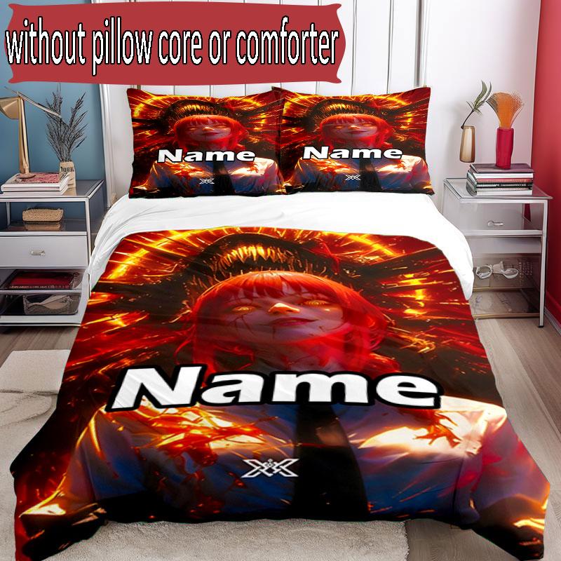 3pcs Duvet Cover Set (1*Duvet Cover + 2*Pillowcase, Without Core), Custom Name Makima Chainsaw Man Pattern Bedding Set, Home Bedroom Decor Gift