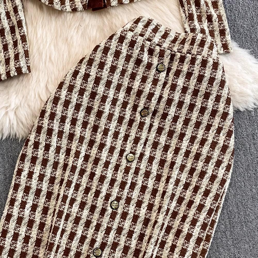 Осенне-весенний клетчатый твидовый костюм с небольшим ароматом, женский короткий пиджак с v-образным вырезом, пальто + длинная юбка-карандаш на пуговицах, комплект из двух предметов