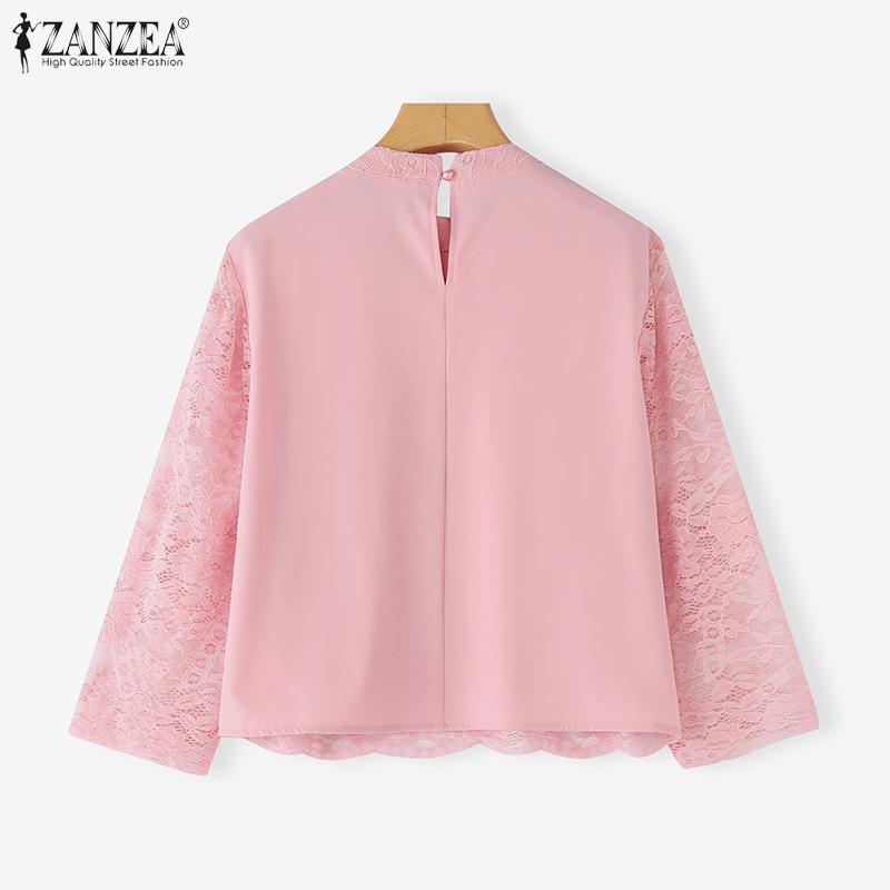 ZANZEA Женская повседневная блузка с круглым вырезом, рукавом 3/4 и кружевной вставкой