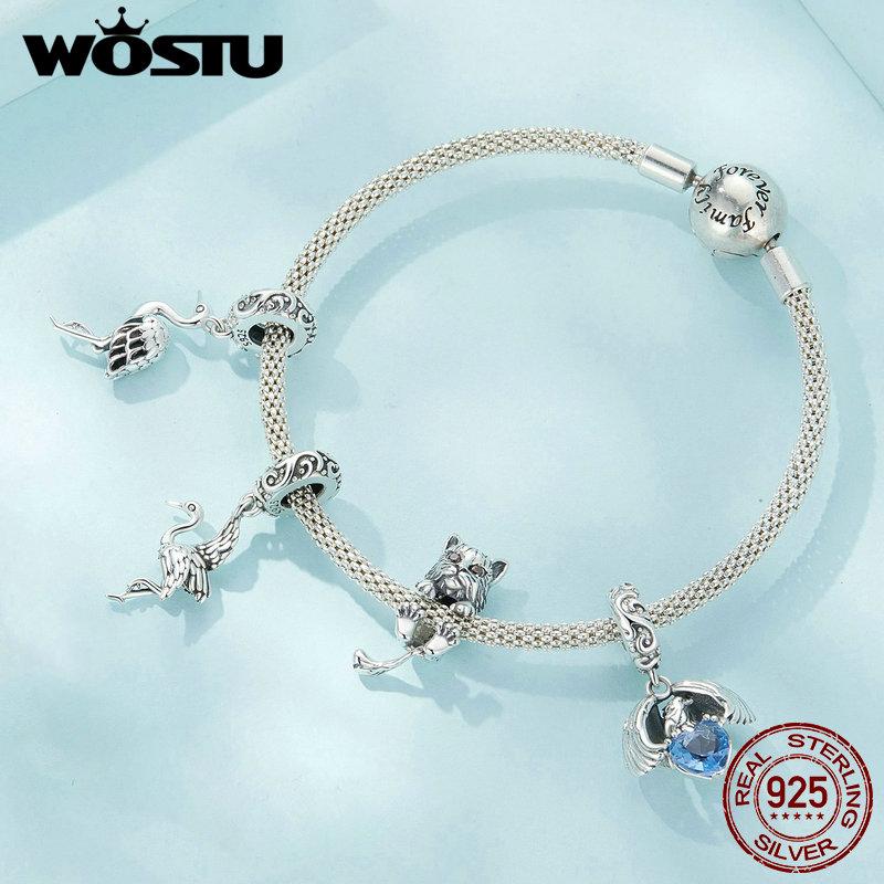WOSTU Стерлингового серебра 925 пробы, белый орел, подвесная бусина, синий циркон, кулон, яркие подвески в виде рыси, бусины в форме кошки для женщин, браслет и ожерелье, ювелирные изделия