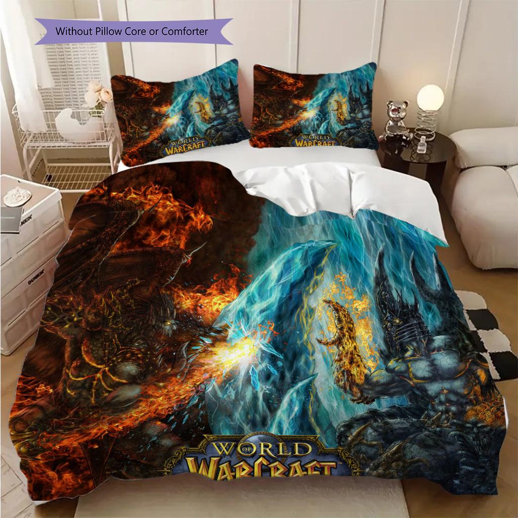 Fantasy Warriors Unite Azeroth Three-piece set (1 * duvet cover + 2 * pillowcase, without core) 2D Flat Christmas birthday gift Soft and comfortable