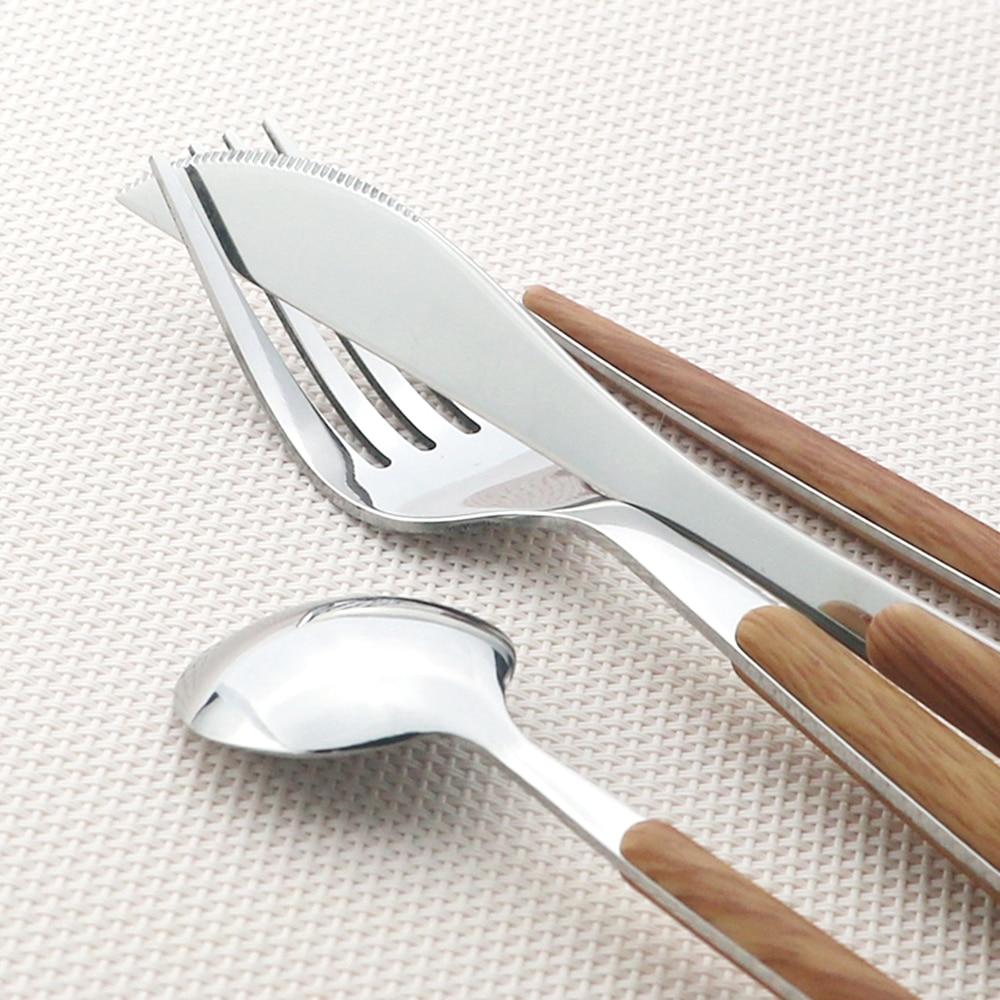 5 шт., набор столовых приборов с деревянной ручкой, нож, вилка из нержавеющей стали, набор столовой посуды, кофейная, чайная ложка, кухонное серебро, набор посуды