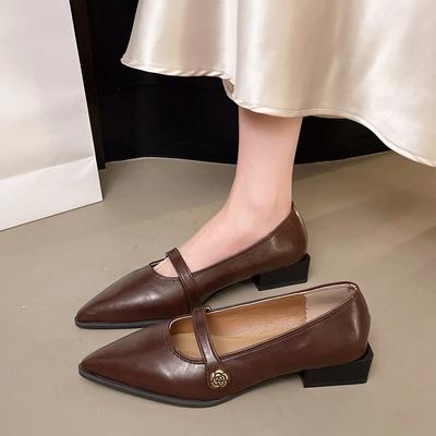 Модные ретро туфли-лодочки на низком каблуке с пряжкой-магнолией, на толстом каблуке, одинарные, с острым носком, элегантные Мэри Джейн для взрослых дам 2025