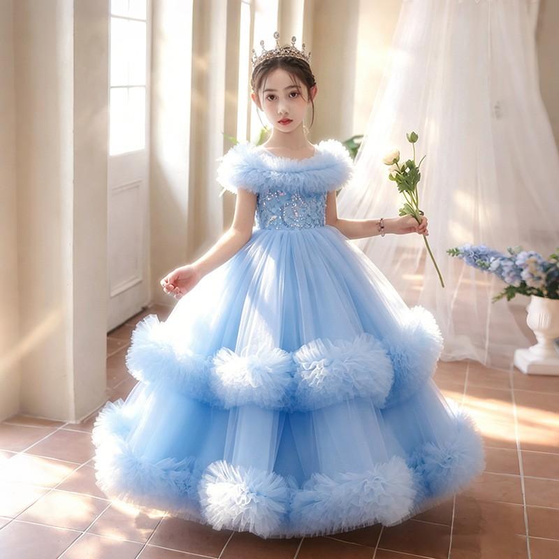 Girls Princess Dress Birthday Party Gown Off Shoulder Satin Tulle Kids Formal Wear 8-14 Years Old