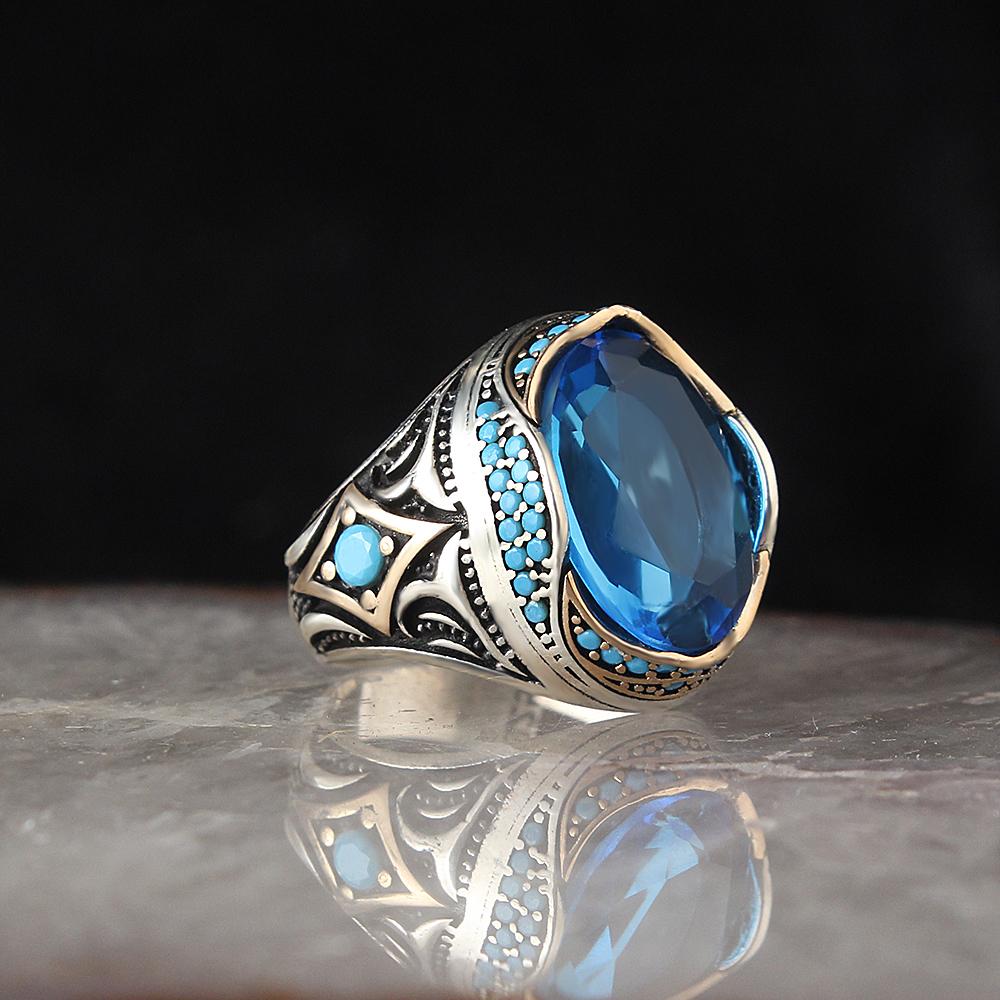 925 Ayar Gümüş Erkekler İçin Özel Kesim Mavi Topaz 925 Sterling Silver Man Ring