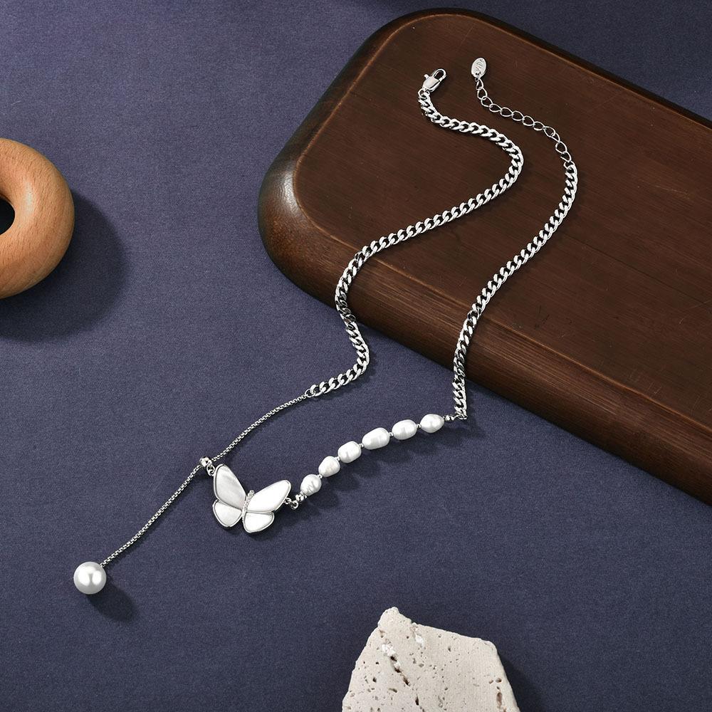 Pearl Butterfly Necklace Women'S Light Luxury Niche Design Sense Splicing Strange Pearl Collarbone Chain Neck Chain Sweater Chain