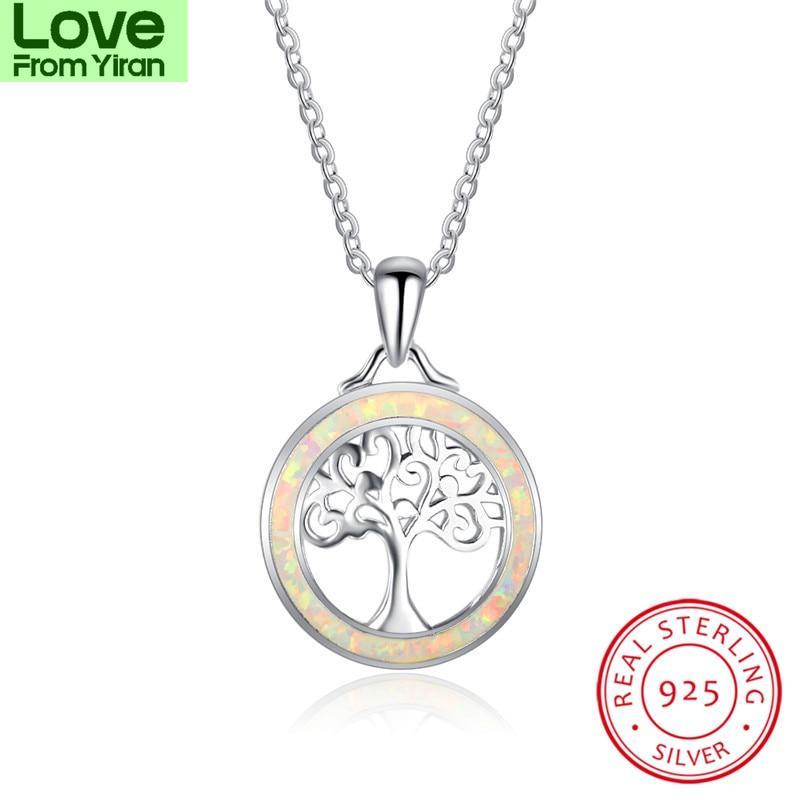 Blaike Vivid White Fire Opal Circle &Life Tree Pendants Solid S925 Sterling Silver Hollow Birthstone Clavicle Necklace Women