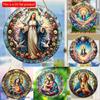 1pc 2d Flat Wood Christian Religion Mary Suncatcher, Translucent Stained Window Hanging, Round Wooden Sign- 20cm Porch, Wall, Home, Room, Cafe Holiday