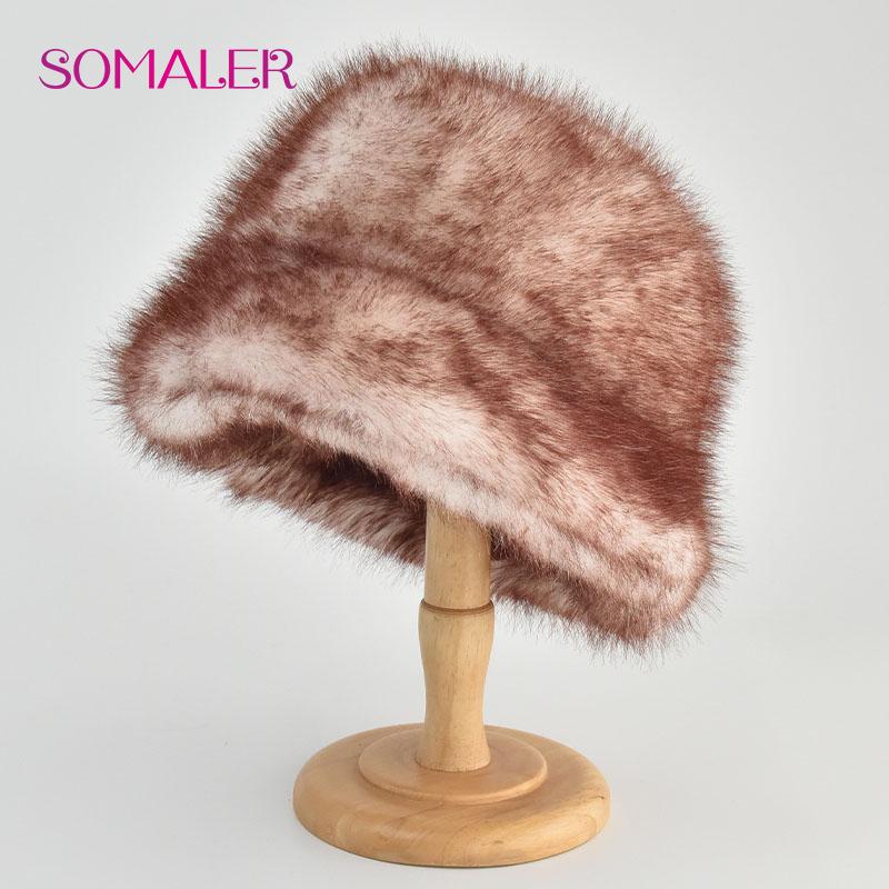 SOMALER Colorful Faux Fur Bucket Hats for Women Plush Bleaching and Dyeing Color Cap Fashion Warm Fluffy Faux Fur Furry Bucket Cap