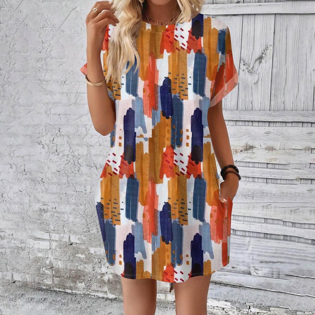 Женское модное летнее свободное платье-футболка средней длины с принтом и короткими рукавами