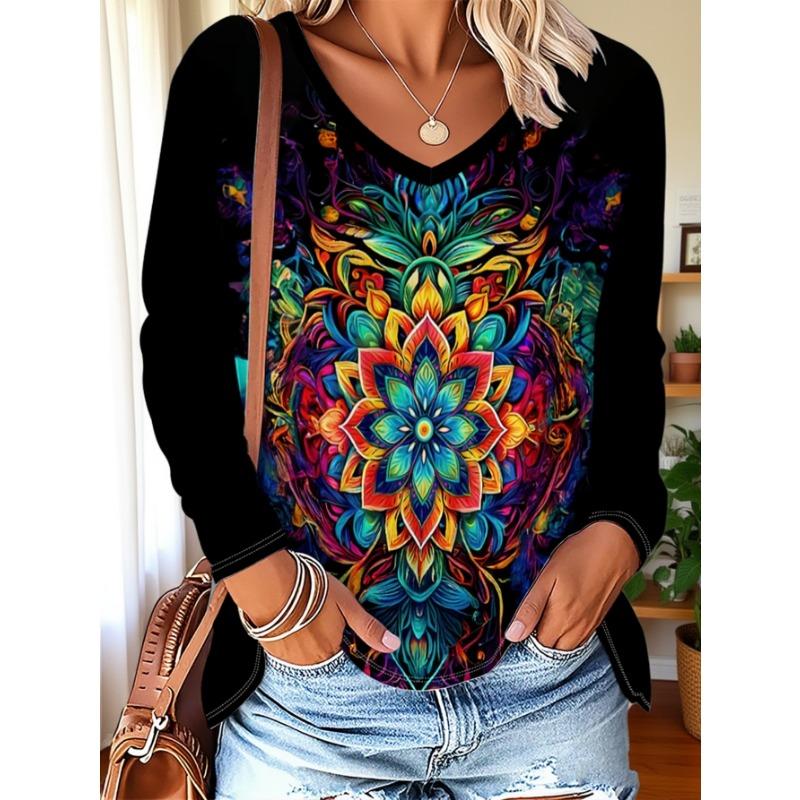 Ladies' Autumn And Winter New Plus Size Women'S Fashion Printed Casual V-Neck Long-Sleeved T-Shirt