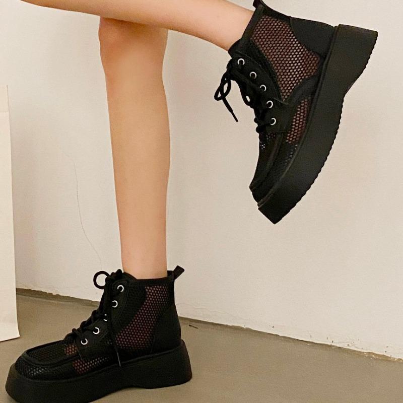 Женские полые ботильоны, новые короткие туфли на шнуровке с дышащей сеткой на платформе для женщин, модная летняя женская повседневная обувь