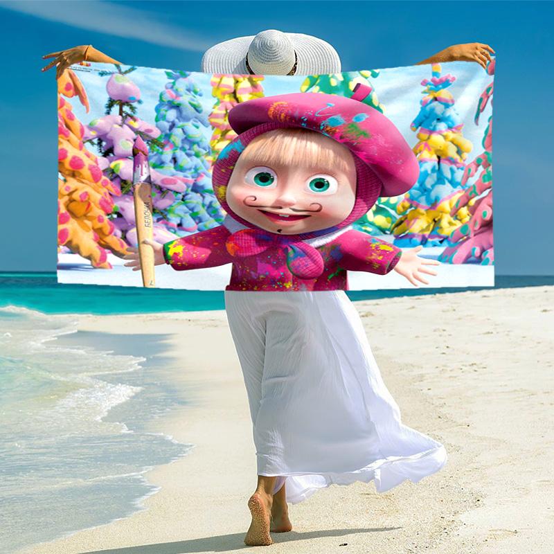 Fairy tale cute cartoon Masha and the Bear beach towel, outdoor camping beach towel for vacation swimming, outdoor pool, absorbent bath towel, H8