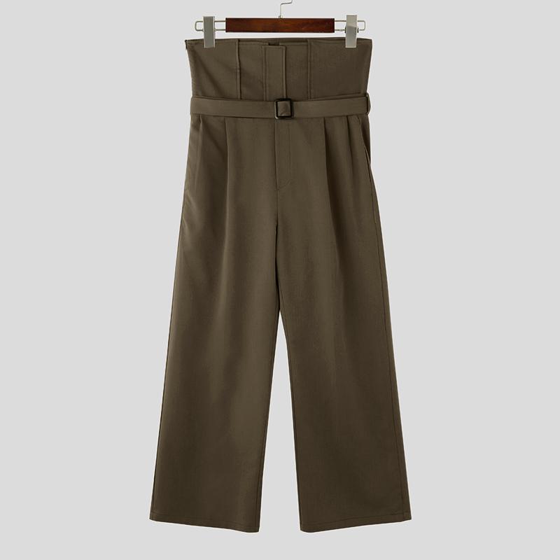 INCERUN Мужские прямые брюки с высокой талией на молнии, однотонные повседневные свободные длинные брюки