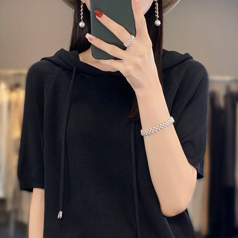 Ice Silk Hooded Short Sleeve Knitted T-Shirt Women's Hoodie Solid Color Wearing Hat Five Quarter Sleeve Thin Hoodie