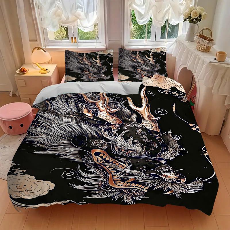 3pcs Dragon Head Design Duvet Cover Set - Machine Washable, Includes 1 Cover and 2 Pillowcases, No Core Included yy251013098