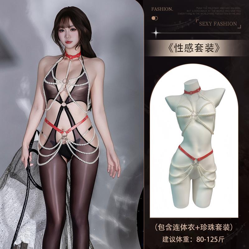 Sexy underwear hot sexy pure desire flirting perspective hollow high elastic horse oil light open crotch pearl onesie women