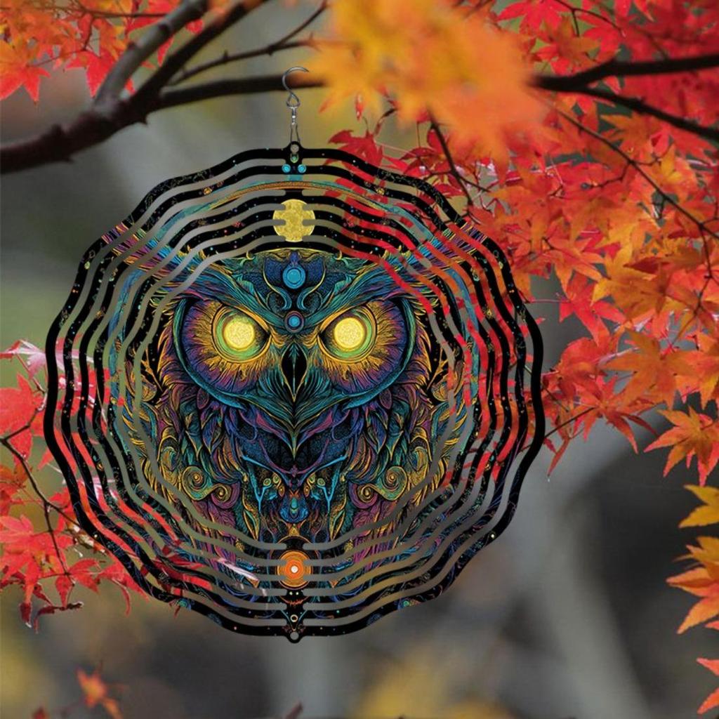 1 шт. Металлический колокольчик ветра в стиле мандалы 3D «Темная ночная сова» - Вращающийся на 360° садовый декор с яркими цветами, не требует электричества