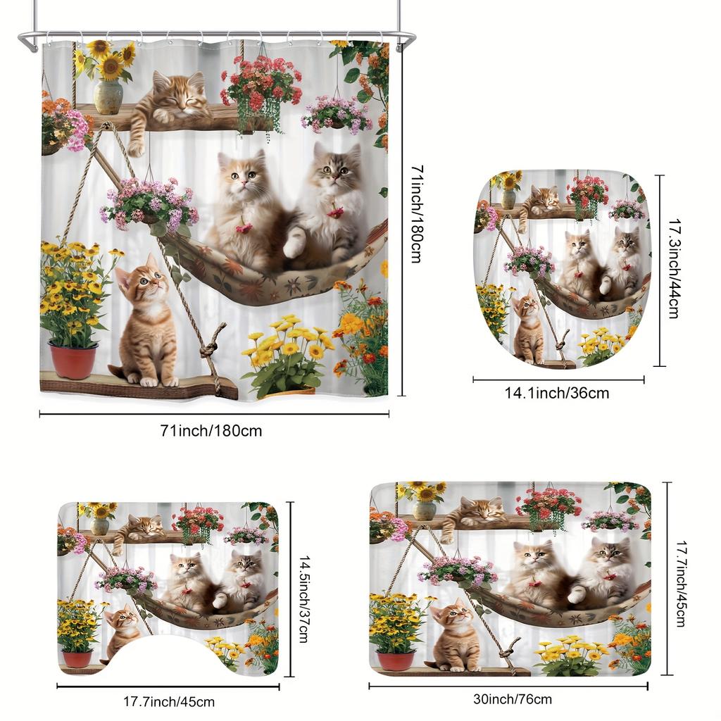 1/4 шт. Роскошный забавный кот, водонепроницаемый комплект занавесок для душа, декоративный набор для ванной комнаты, нескользящий коврик для унитаза, коврик для ванной и 12 крючков