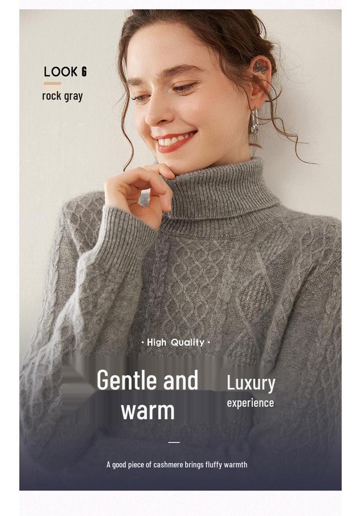 Ladies' Retro High-Neck Double-Strand Cashmere Knit Pullover