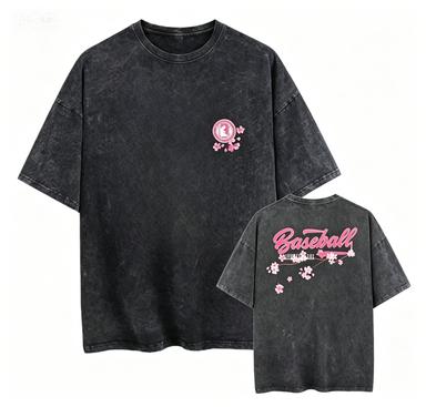2026 new Washed Cotton Tshirt with Cherry Blossom Baseball Print Casual Streetwear Top