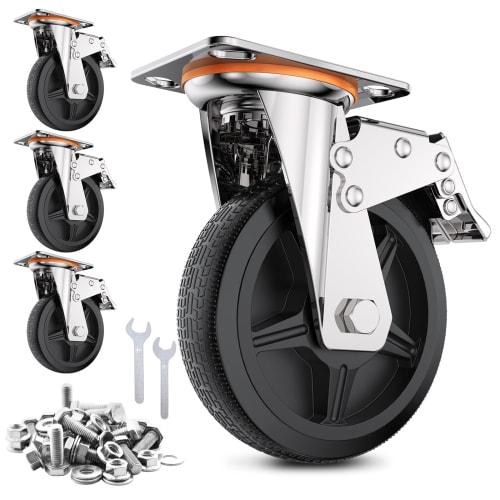 COOWOO 6-inch Casters, Set of 4, with Brakes, Heavy-Duty, 1000kg Load Capacity, 360-Degree Swivel, Quiet, Mute Series DIY Furniture Replacement Kit, 1