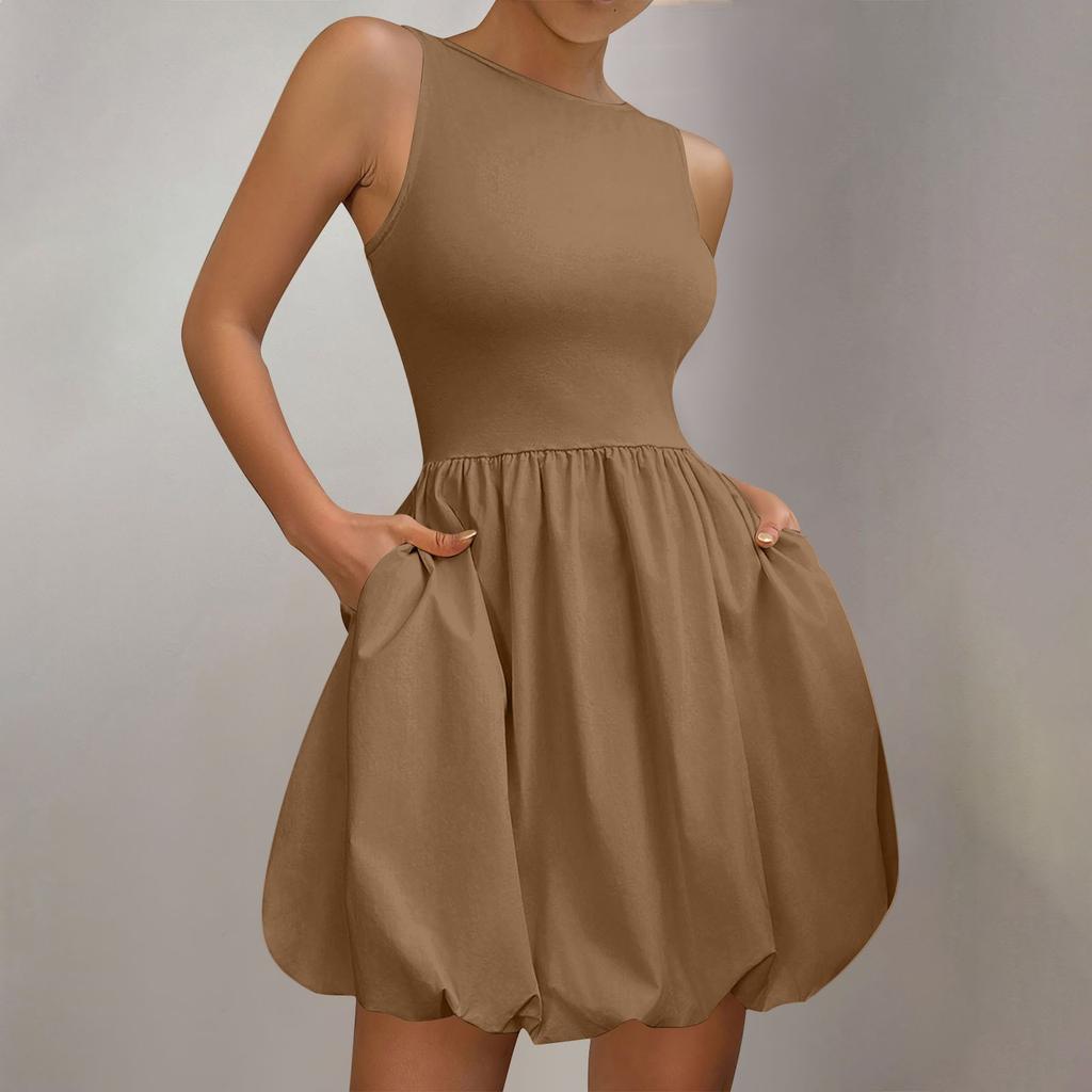 Женское платье-солнце, летнее, повседневное, однотонное, А-силуэт, без рукавов, топ-платье