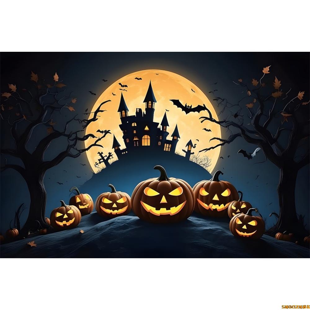 1pc Dark Halloween Party Backdrop Night Moon Witch Castle Pumpkin Bats Dustproof Banner for Halloween Themed Party Decoration