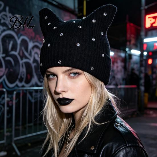 Soft Acrylic Warm Hat Cat Ear for Women Girls, Striped Slouchy Crochet Headgear Fashionable Streetwear Headwear with Shiny Rhinestones, Cute