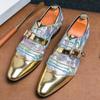 New Designer Men's Pointed Gold Mixed Patchwork Monk Strap Loafers Wedding Dress Prom Formal Shoes Footwear Zapatos Hombre