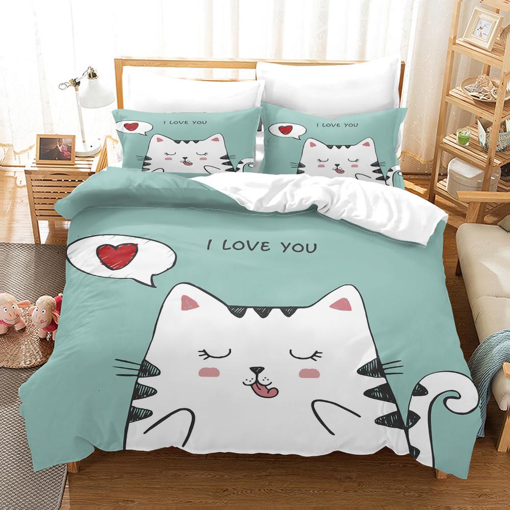 Cartoon Cat King Full Queen Duvet Cover Lovely Pet Kitty Bedding Set Animal Quilt Cover 2/3pcs Purple Polyester Comforter Cover