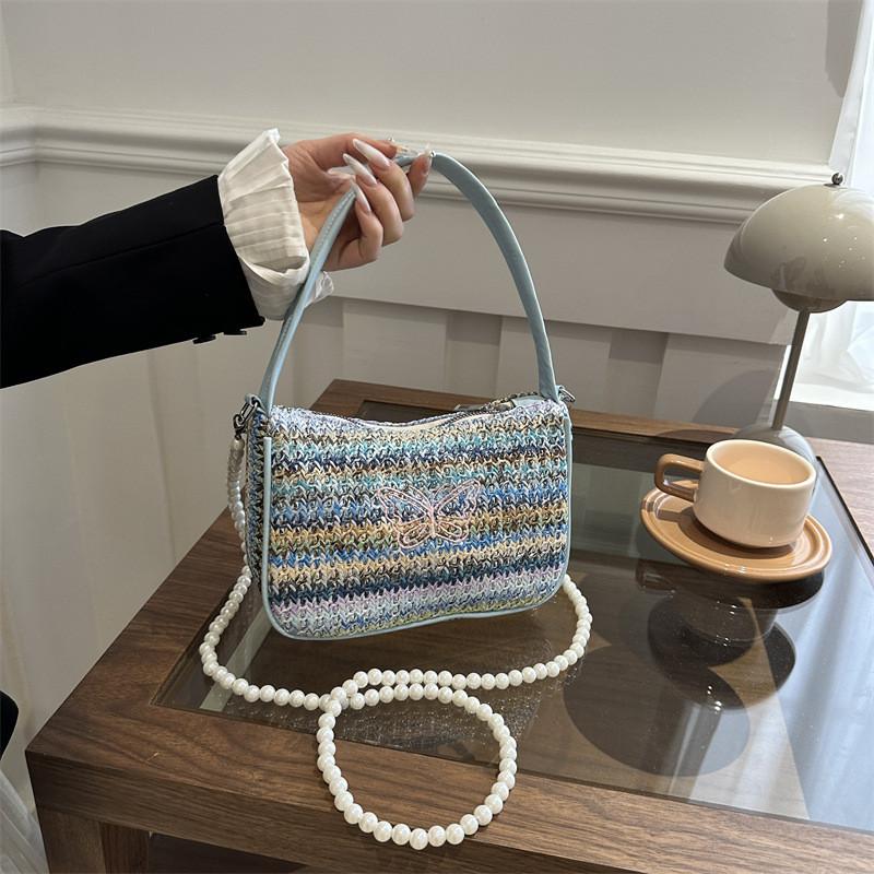 Stylish National Style Woven Bag With Pearl Chain Strap Small Shoulder Bag For Casual Outfits