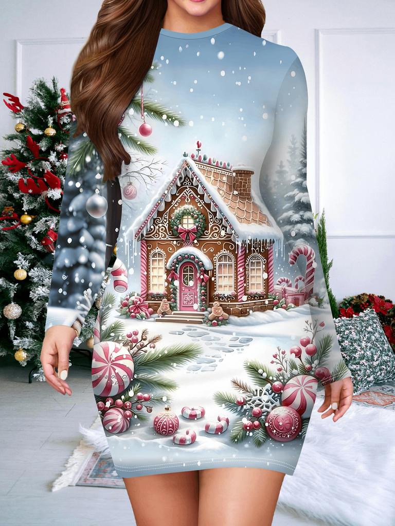 2025 Autumn and Winter New Women's Hip-wrapped Dress,3D Christmas Printing and Dyeing Women's Fashion Long-sleeved Round Neck Sexy Hip-wrapped Dress